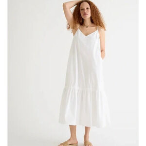 [J. Crew] White Tiered Cotton Poplin Ruffle Shift Dress Midi NWT Pockets Large L